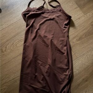 Satin Slip Dress with Lace Trim - Chocolate Brown